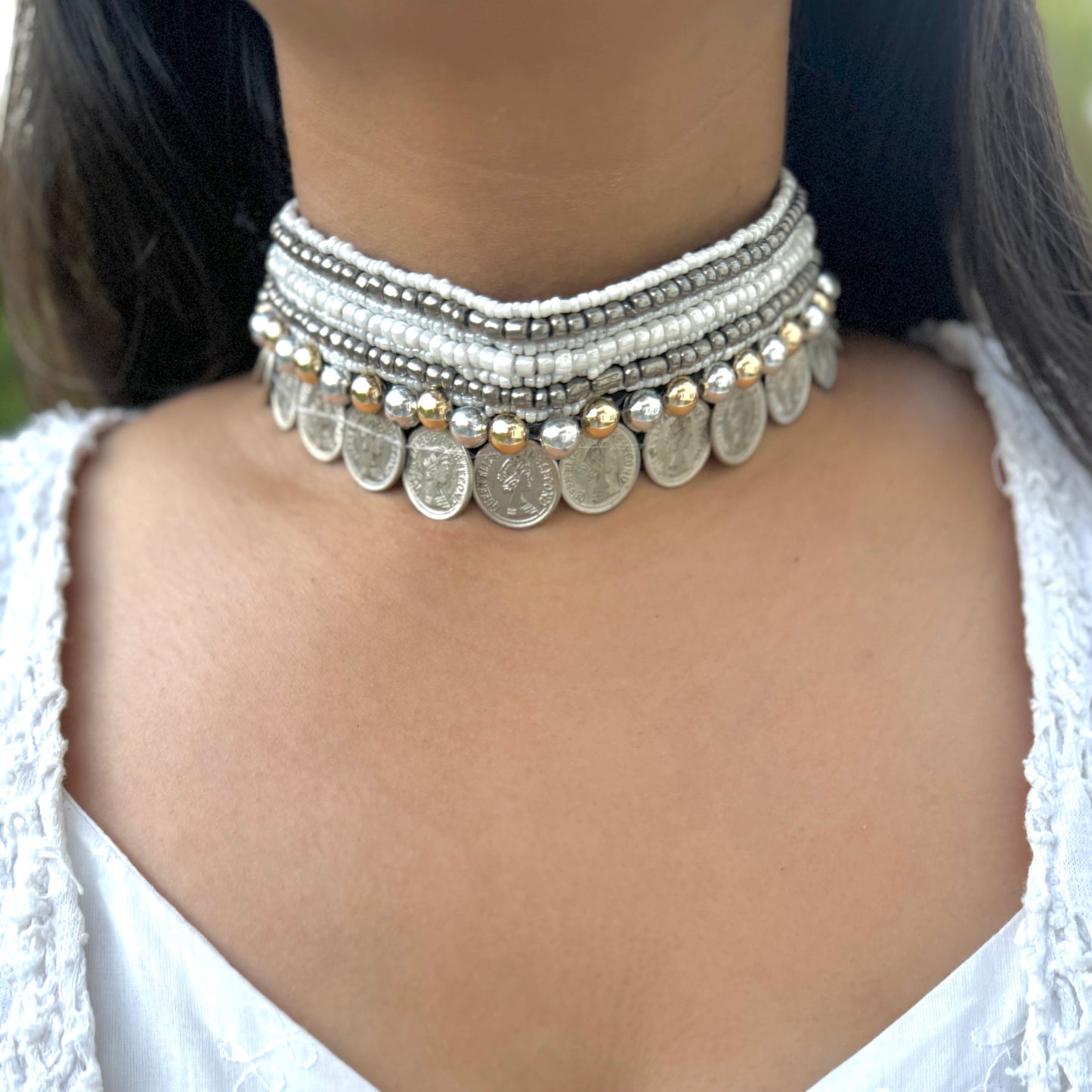 White Beaded Coin Choker