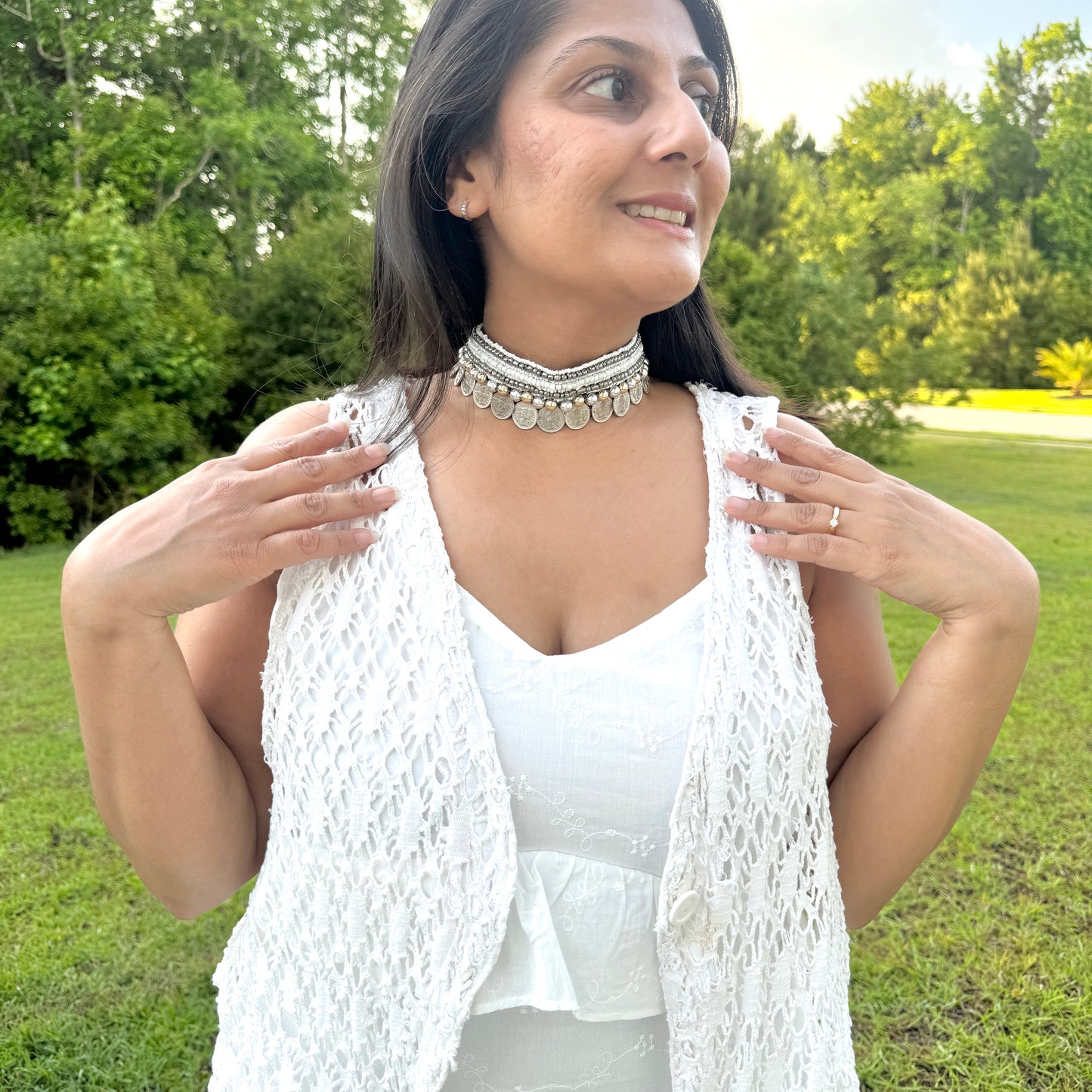 White Beaded Coin Choker